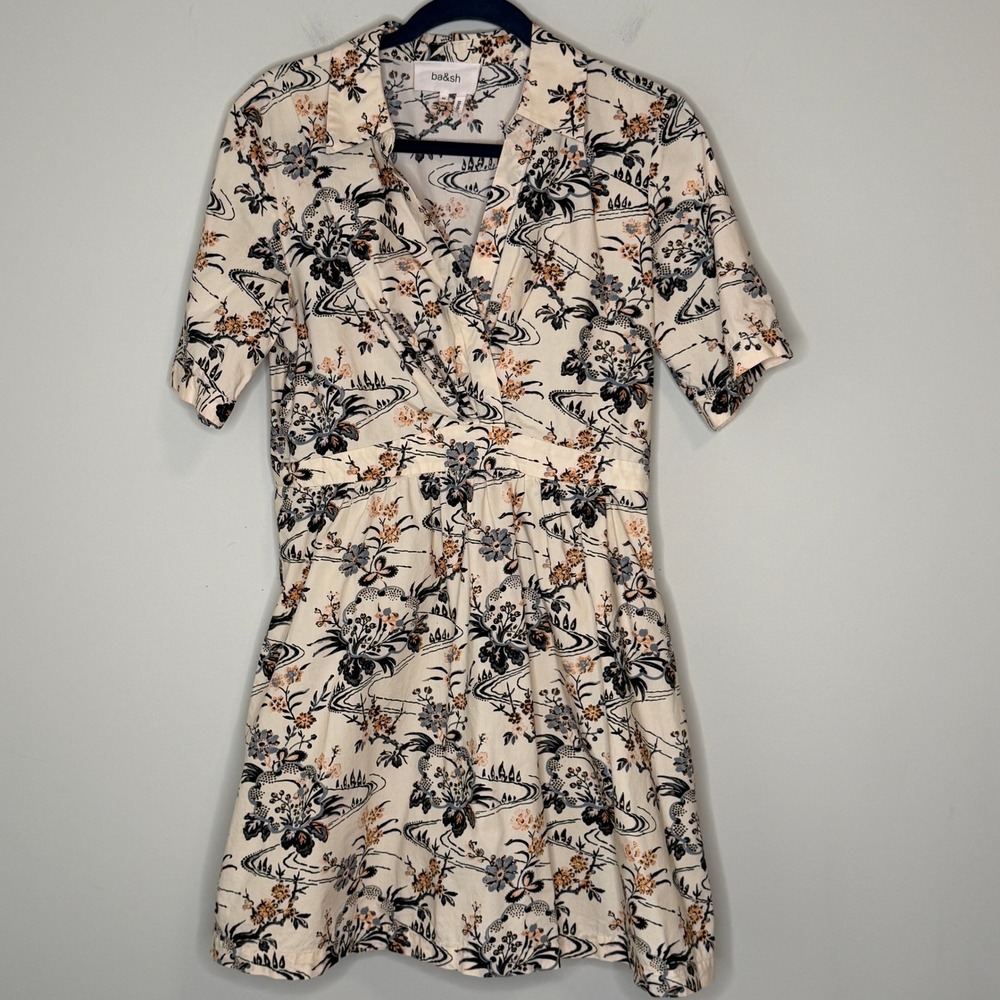 ba&sh Lady Dress‎  Medium Cream Floral Cotton Surplice Mini Dress Short Sleeve